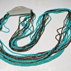 NWT Jules B Long Multi Strand Seed Bead Necklace Aqua Brown 42"L Pullover Style